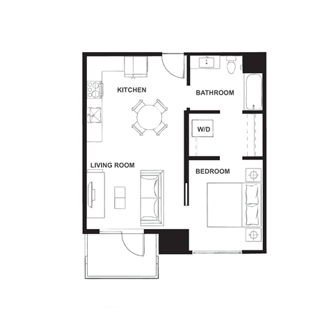 Floor plan for 1 bed, 1 bath, 640 sqft